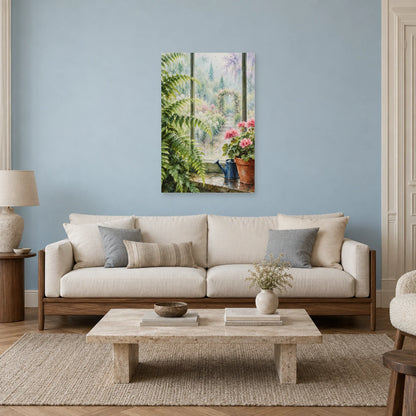 Affiche Aquarelle Jardin sous la pluie dans un salon - Art Virtuoso