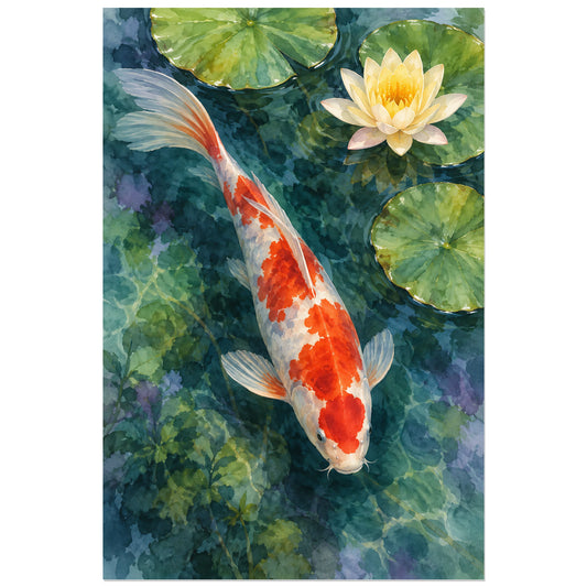 Affiche Aquarelle Koï sous les nymphéas, illustration à effet aquarelle / lavis numérique verticale, format 30 × 45 cm