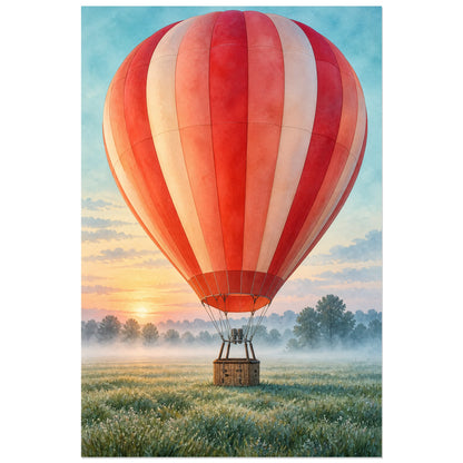 Affiche Aquarelle Montgolfière avant l'envol, illustration à effet aquarelle / lavis numérique verticale, format 30 × 45 cm