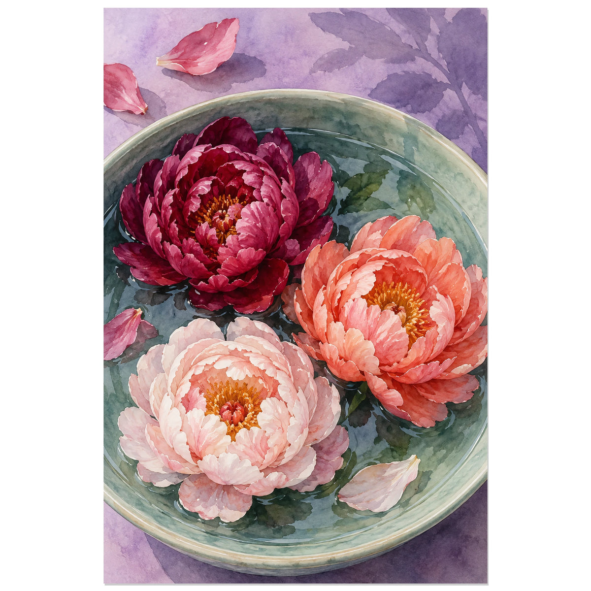 Affiche Aquarelle Pivoines sur l'eau, illustration à effet aquarelle / lavis numérique verticale, format 30 × 45 cm