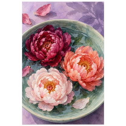 Affiche Aquarelle Pivoines sur l'eau, illustration à effet aquarelle / lavis numérique verticale, format 40 × 60 cm