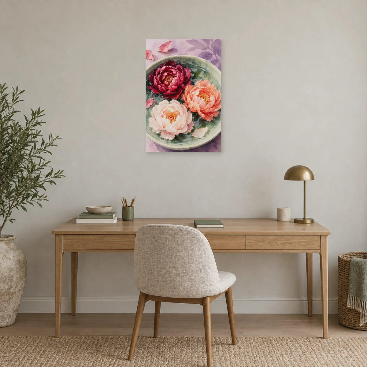Affiche Aquarelle Pivoines sur l'eau dans un bureau - Art Virtuoso