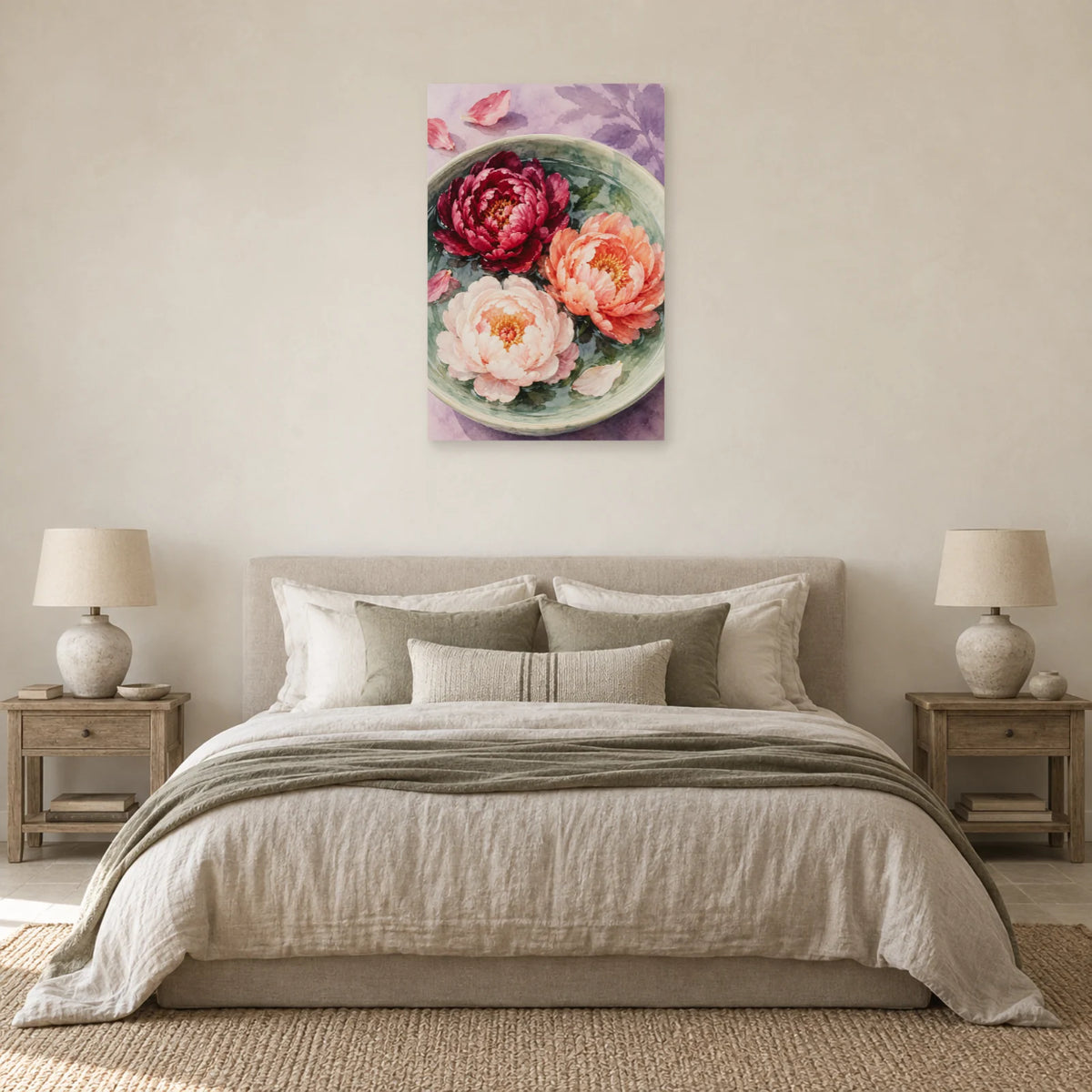 Affiche Aquarelle Pivoines sur l'eau dans une chambre - Art Virtuoso