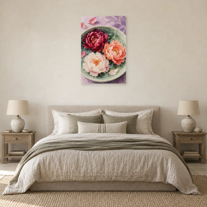 Affiche Aquarelle Pivoines sur l'eau dans une chambre - Art Virtuoso