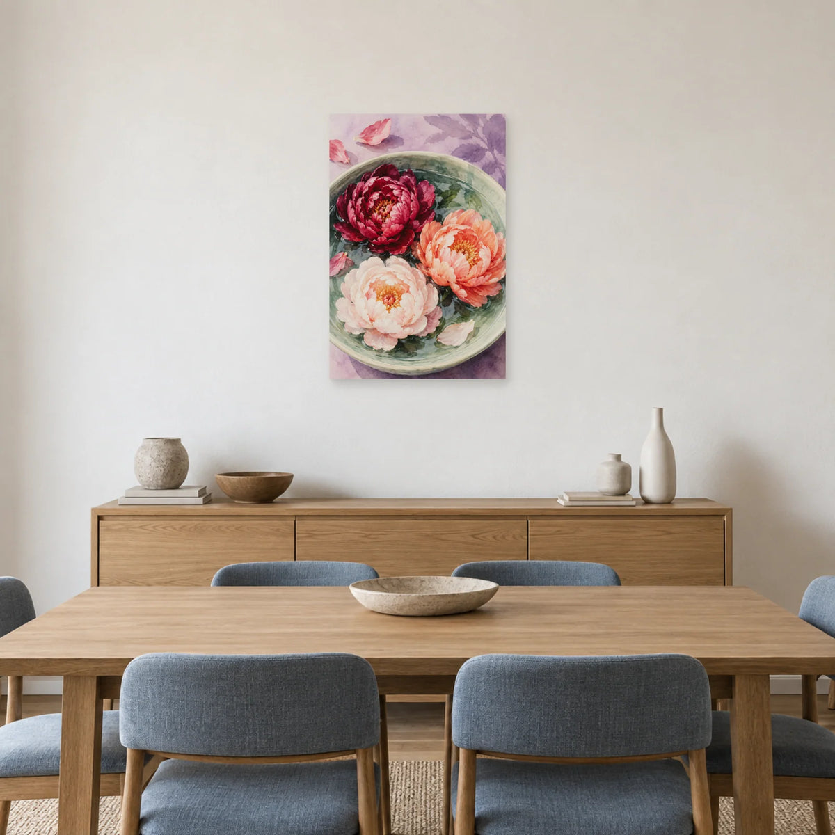 Affiche Aquarelle Pivoines sur l'eau dans une salle à manger - Art Virtuoso