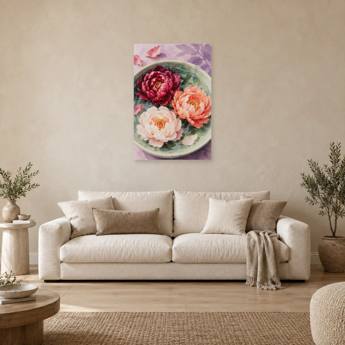 Affiche Aquarelle Pivoines sur l'eau dans un salon - Art Virtuoso