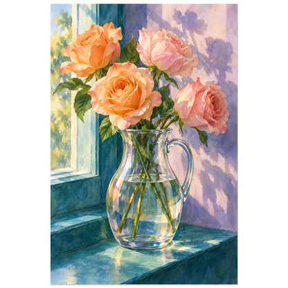 Affiche Aquarelle Roses et carafe de lumière, illustration à effet aquarelle / lavis numérique verticale, format 30 × 45 cm