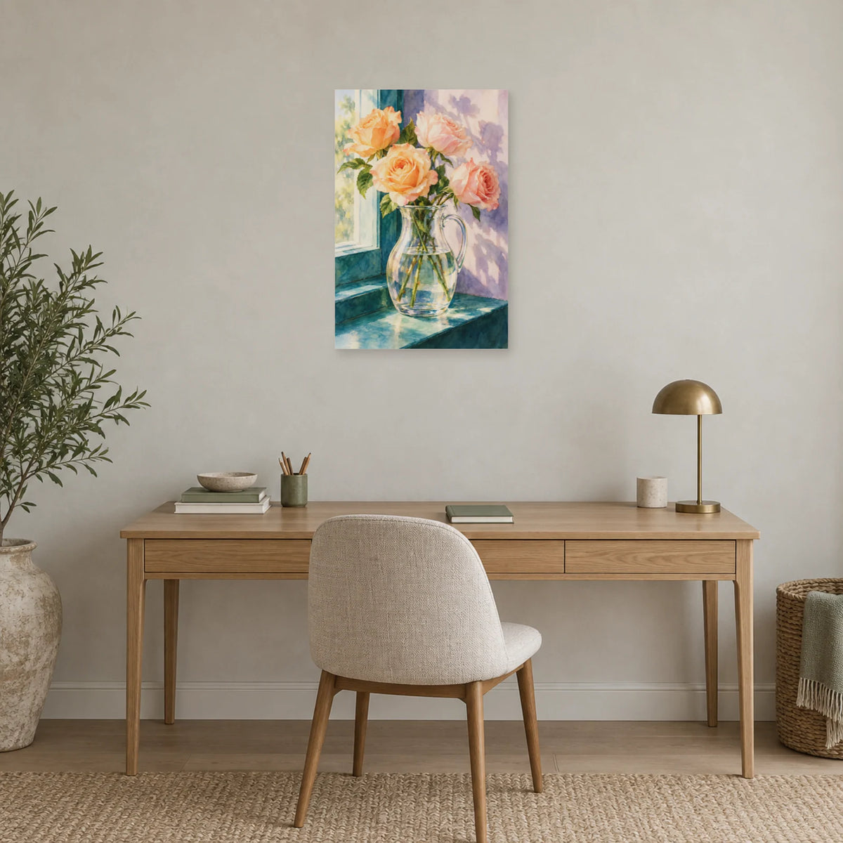 Affiche Aquarelle Roses et carafe de lumière dans un bureau - Art Virtuoso