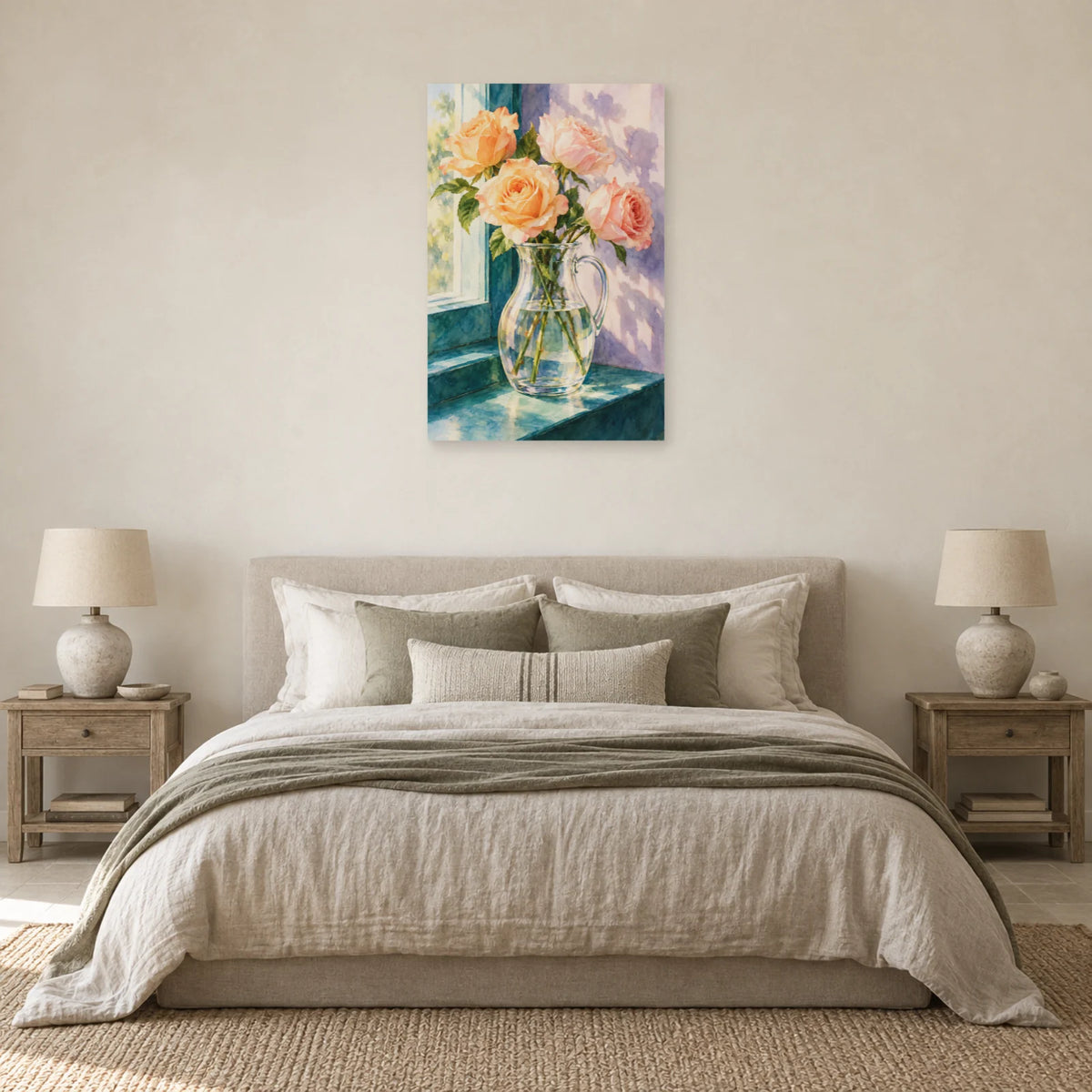 Affiche Aquarelle Roses et carafe de lumière dans une chambre - Art Virtuoso