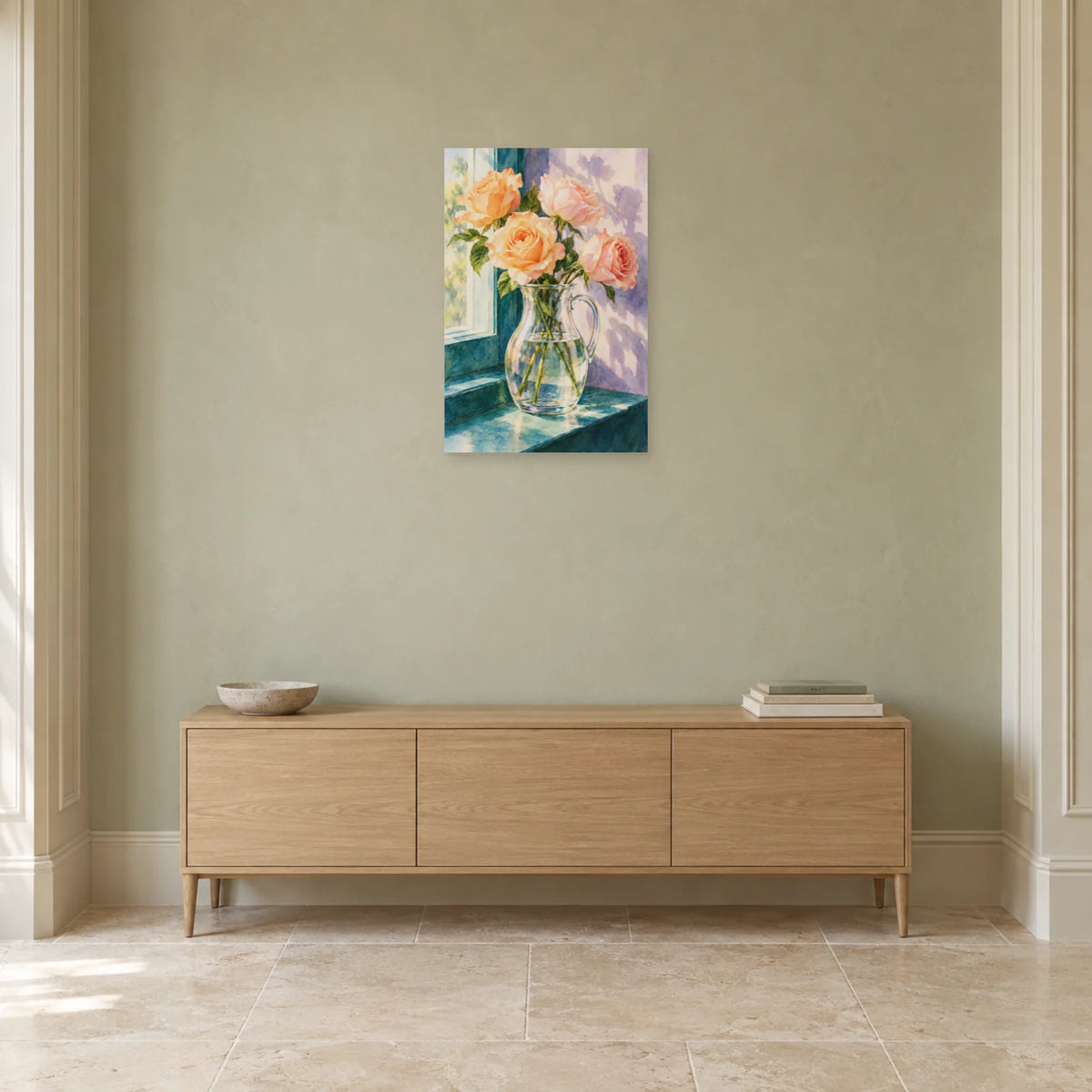 Affiche Aquarelle Roses et carafe de lumière dans une entrée ou un couloir - Art Virtuoso