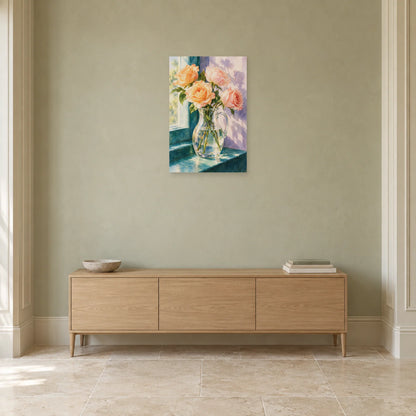 Affiche Aquarelle Roses et carafe de lumière dans une entrée ou un couloir - Art Virtuoso