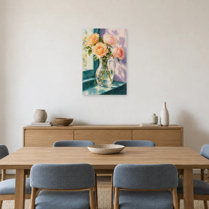 Affiche Aquarelle Roses et carafe de lumière dans une salle à manger - Art Virtuoso