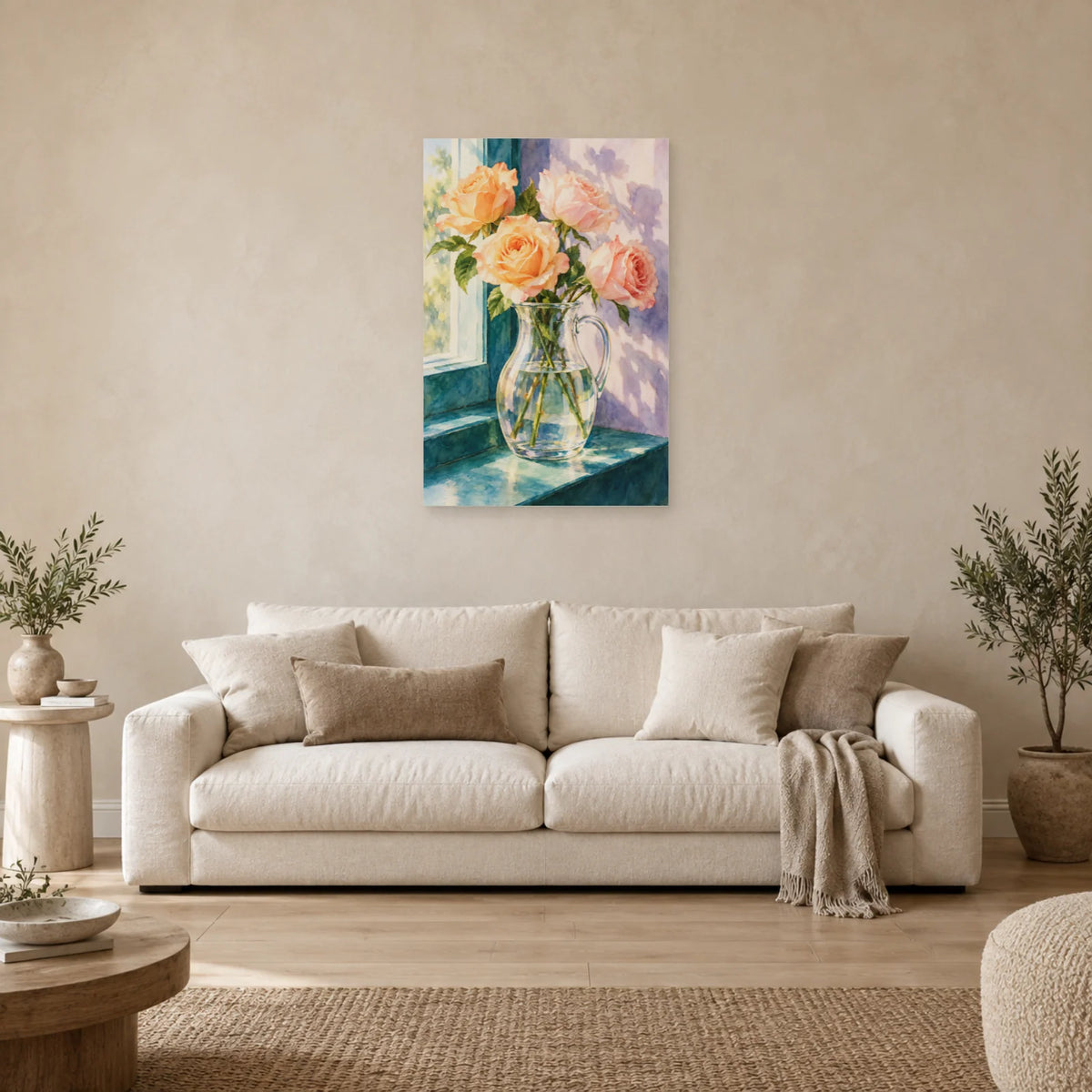 Affiche Aquarelle Roses et carafe de lumière dans un salon - Art Virtuoso