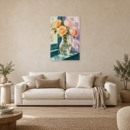 Affiche Aquarelle Roses et carafe de lumière dans un salon - Art Virtuoso