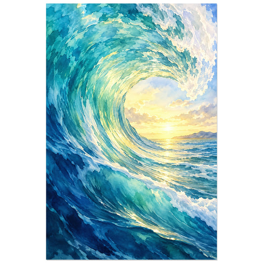 Affiche Aquarelle Vague lumière intérieure, illustration à effet aquarelle / lavis numérique verticale, format 30 × 45 cm