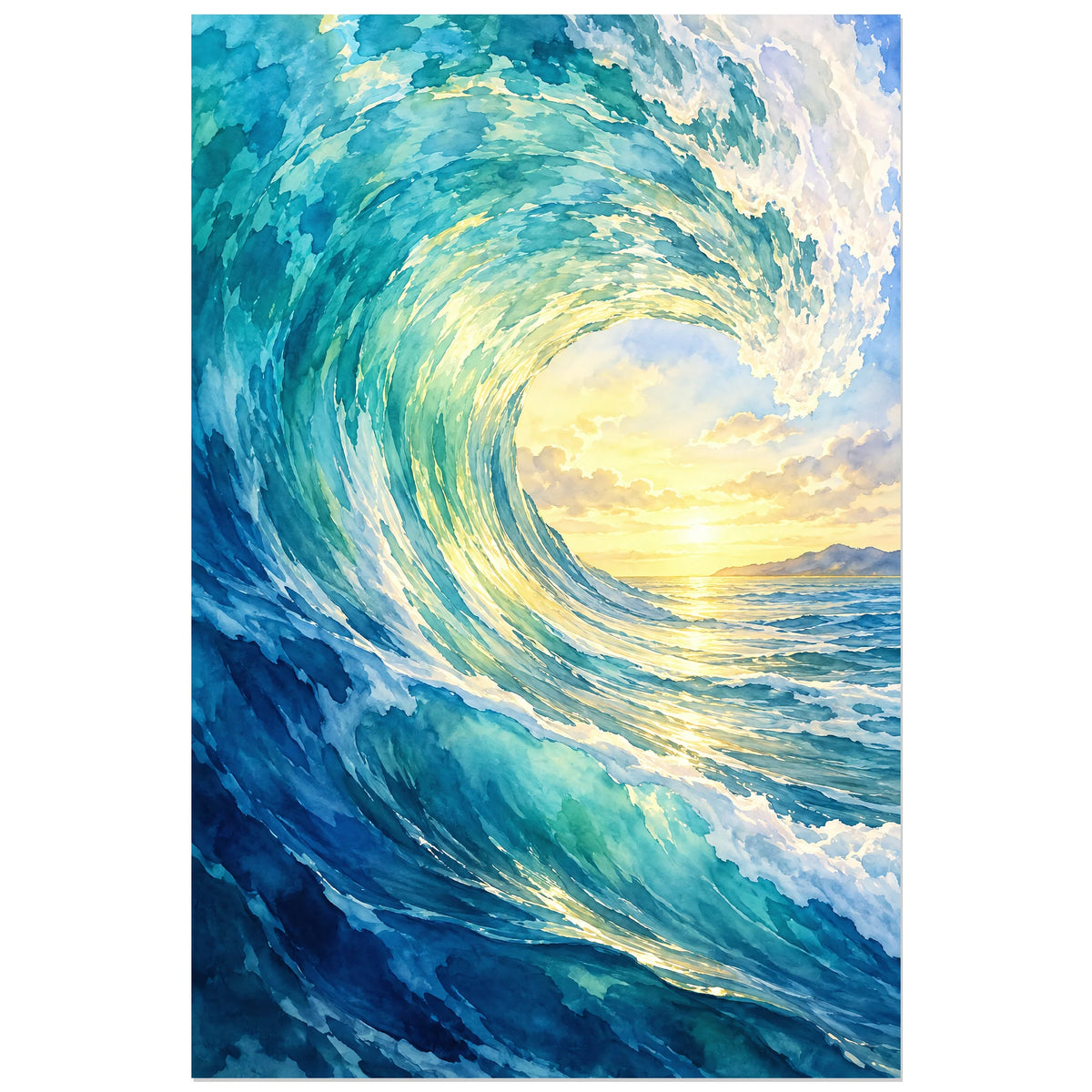 Affiche Aquarelle Vague lumière intérieure, illustration à effet aquarelle / lavis numérique verticale, format 60 × 90 cm