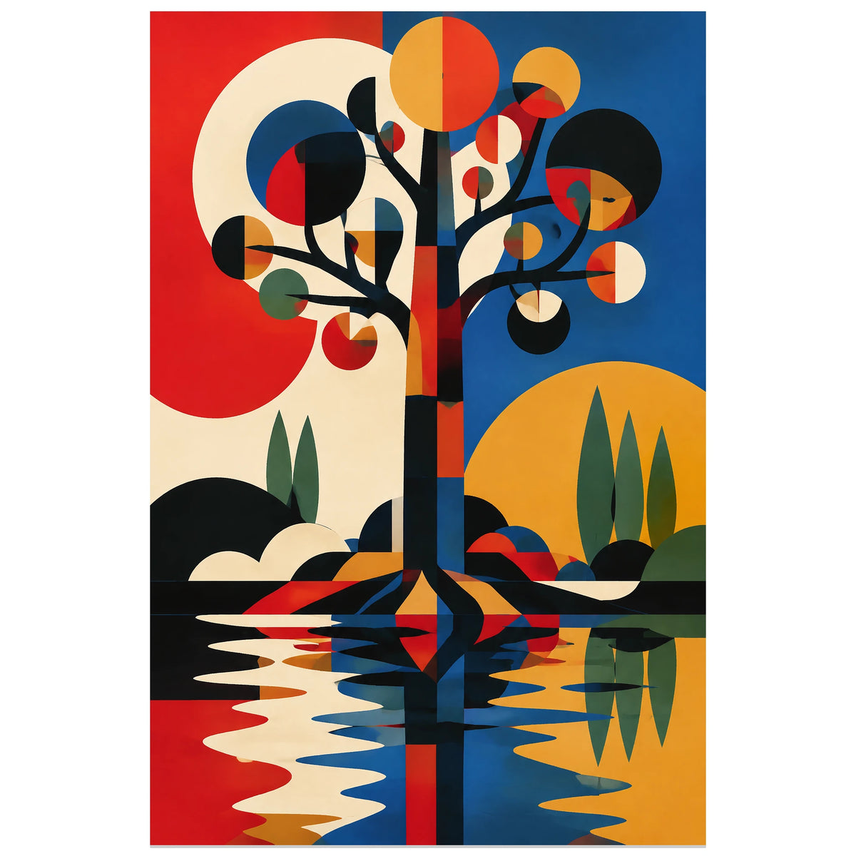 Affiche Arbre abstrait – Rythme Bauhaus, bauhaus / abstraction géométrique verticale, format 30 × 45 cm