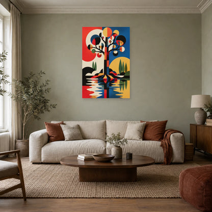 Affiche Arbre abstrait – Rythme Bauhaus dans un salon - Art Virtuoso