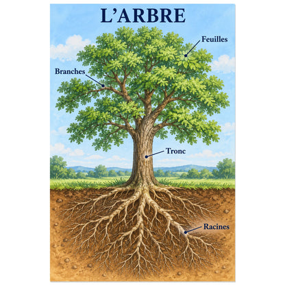 Feuilles et branches légendées sur grand arbre vert, affiche 40 × 60 cm