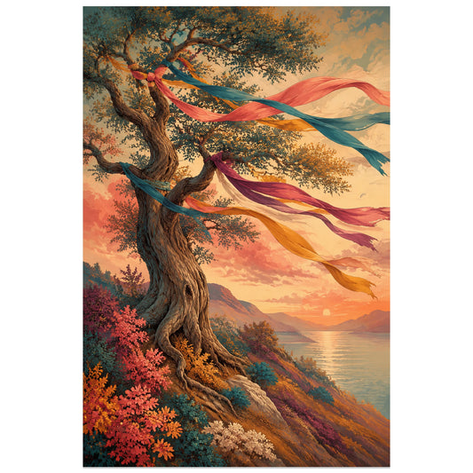 Affiche Arbre aux souhaits – Rubans du vent, peinture poétique / illustration contemporaine verticale, format 30 × 45 cm