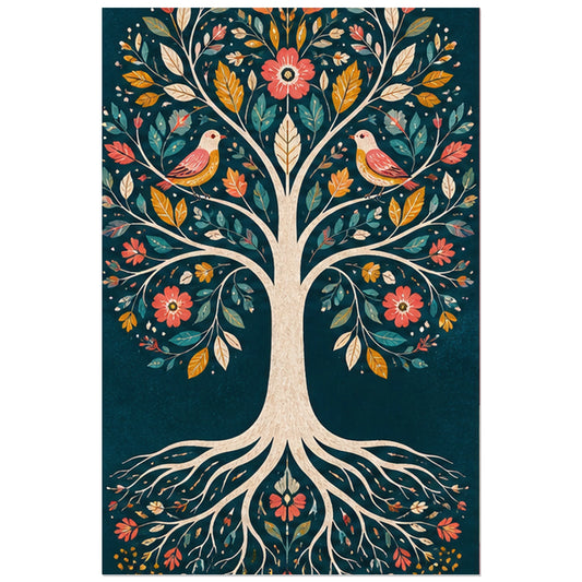 Arbre de vie fleuri et oiseaux, affiche 30 × 45 cm