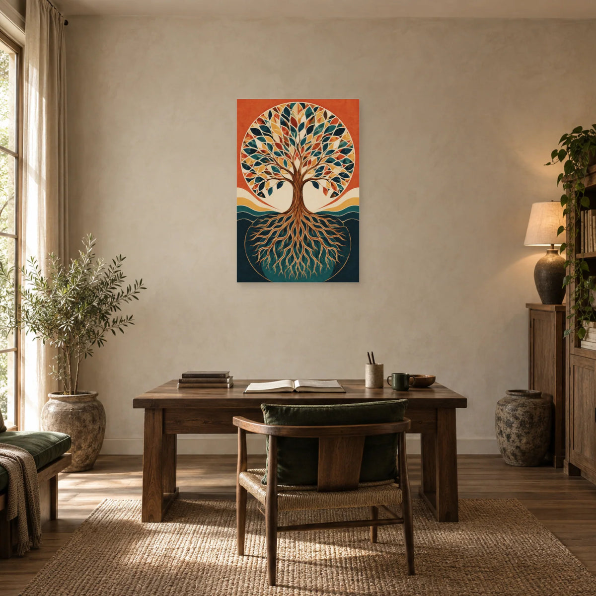 Affiche Arbre de vie – Géométrie terracotta dans un bureau - Art Virtuoso