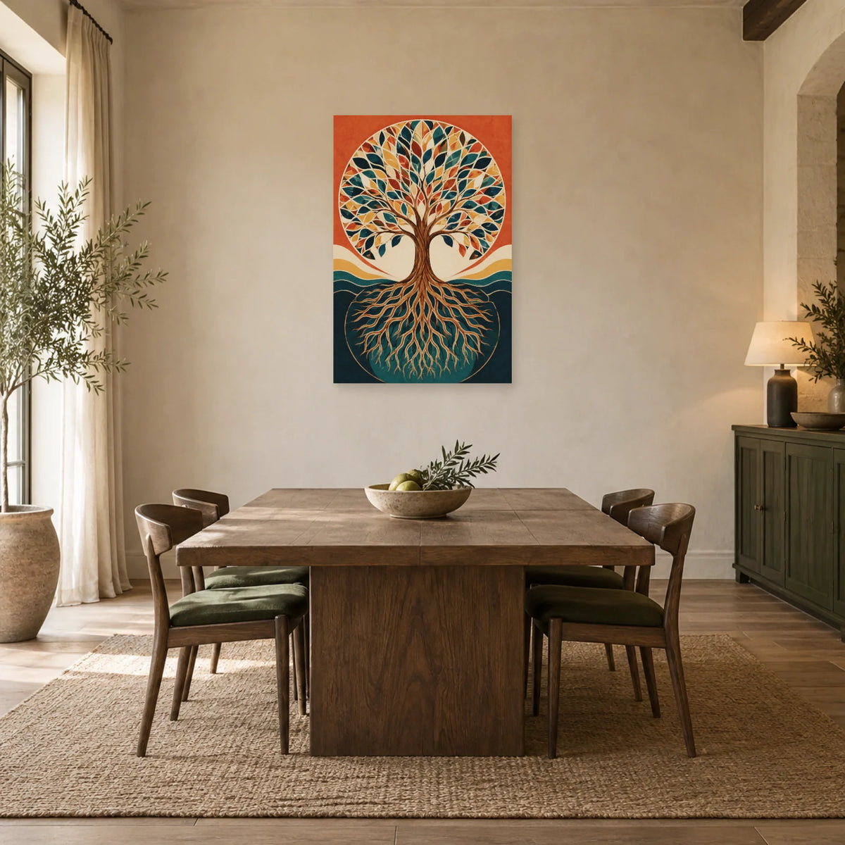 Affiche Arbre de vie – Géométrie terracotta dans une salle à manger - Art Virtuoso