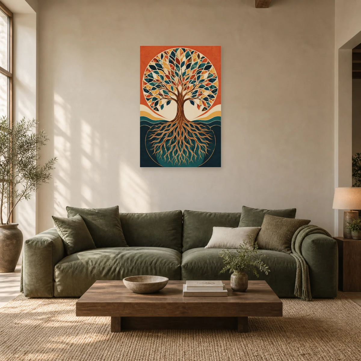 Affiche Arbre de vie – Géométrie terracotta dans un salon - Art Virtuoso