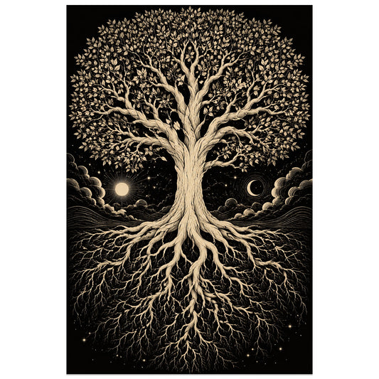 Affiche Arbre de vie – Racines d'ivoire, illustration à l’encre / art monochrome verticale, format 30 × 45 cm