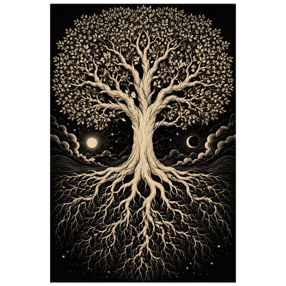 Affiche Arbre de vie – Racines d'ivoire, illustration à l’encre / art monochrome verticale, format 40 × 60 cm
