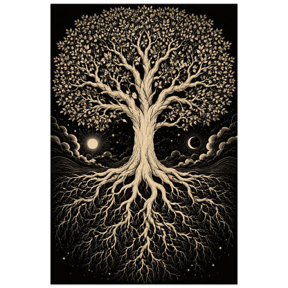 Affiche Arbre de vie – Racines d'ivoire, illustration à l’encre / art monochrome verticale, format 60 × 90 cm