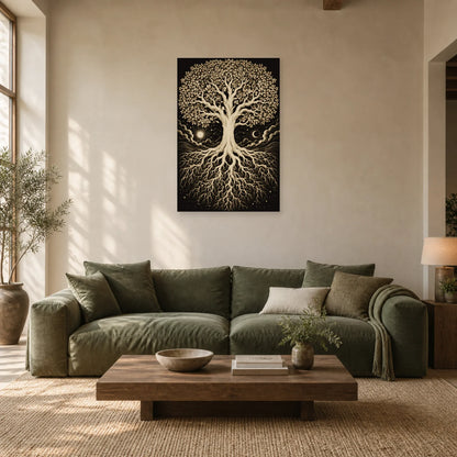 Affiche Arbre de vie – Racines d'ivoire dans un salon - Art Virtuoso