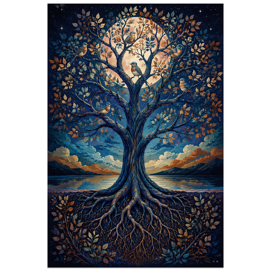 Affiche Arbre de vie – Oiseaux nocturnes, gouache décorative / paysage nocturne verticale, format 30 × 45 cm
