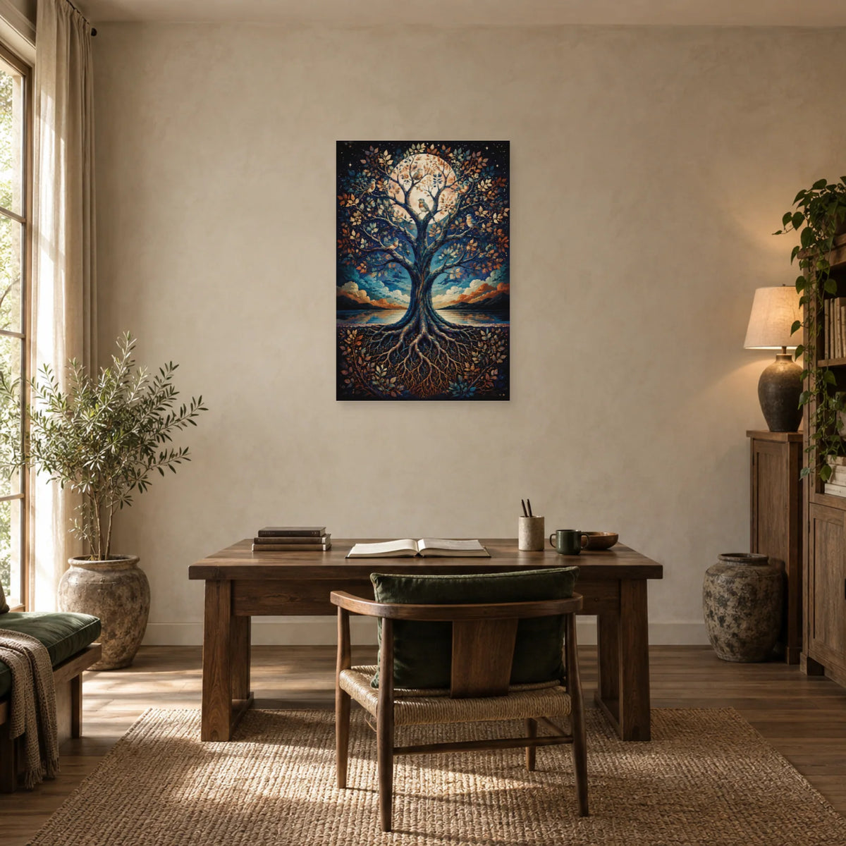 Affiche Arbre de vie – Oiseaux nocturnes dans un bureau - Art Virtuoso