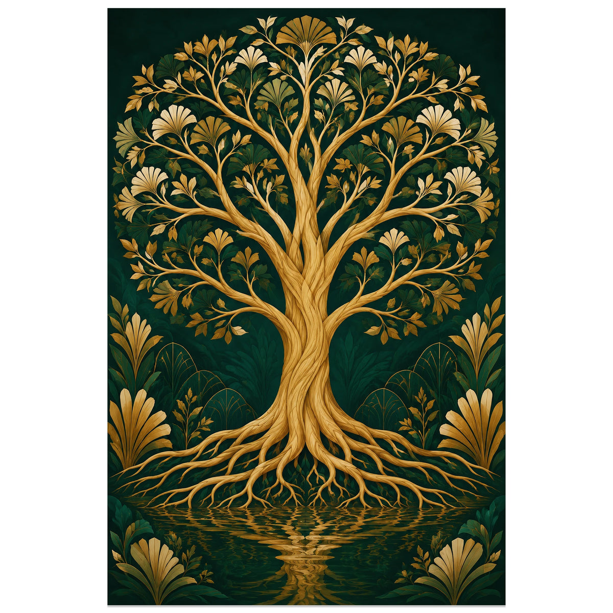 Affiche Arbre de vie – Or émeraude, art déco contemporain / illustration décorative verticale, format 30 × 45 cm