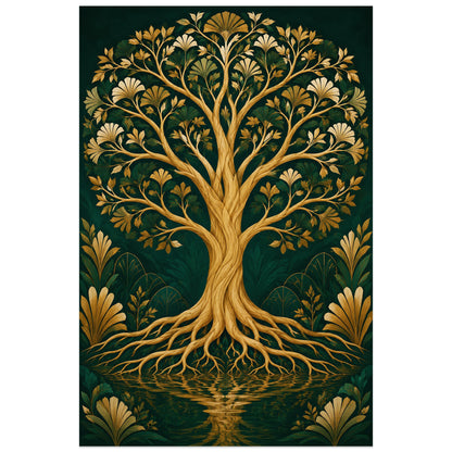 Affiche Arbre de vie – Or émeraude, art déco contemporain / illustration décorative verticale, format 30 × 45 cm