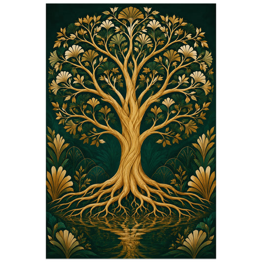 Affiche Arbre de vie – Or émeraude, art déco contemporain / illustration décorative verticale, format 30 × 45 cm