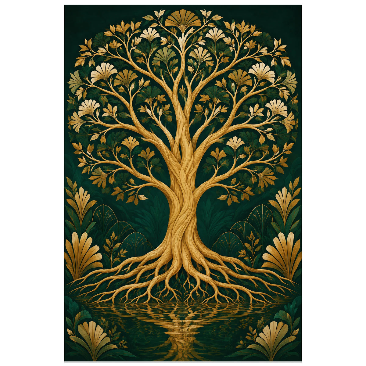 Affiche Arbre de vie – Or émeraude, art déco contemporain / illustration décorative verticale, format 40 × 60 cm
