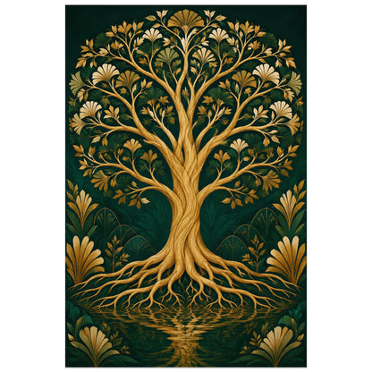 Affiche Arbre de vie – Or émeraude, art déco contemporain / illustration décorative verticale, format 40 × 60 cm