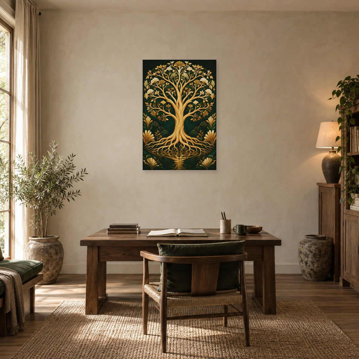 Affiche Arbre de vie – Or émeraude dans un bureau - Art Virtuoso