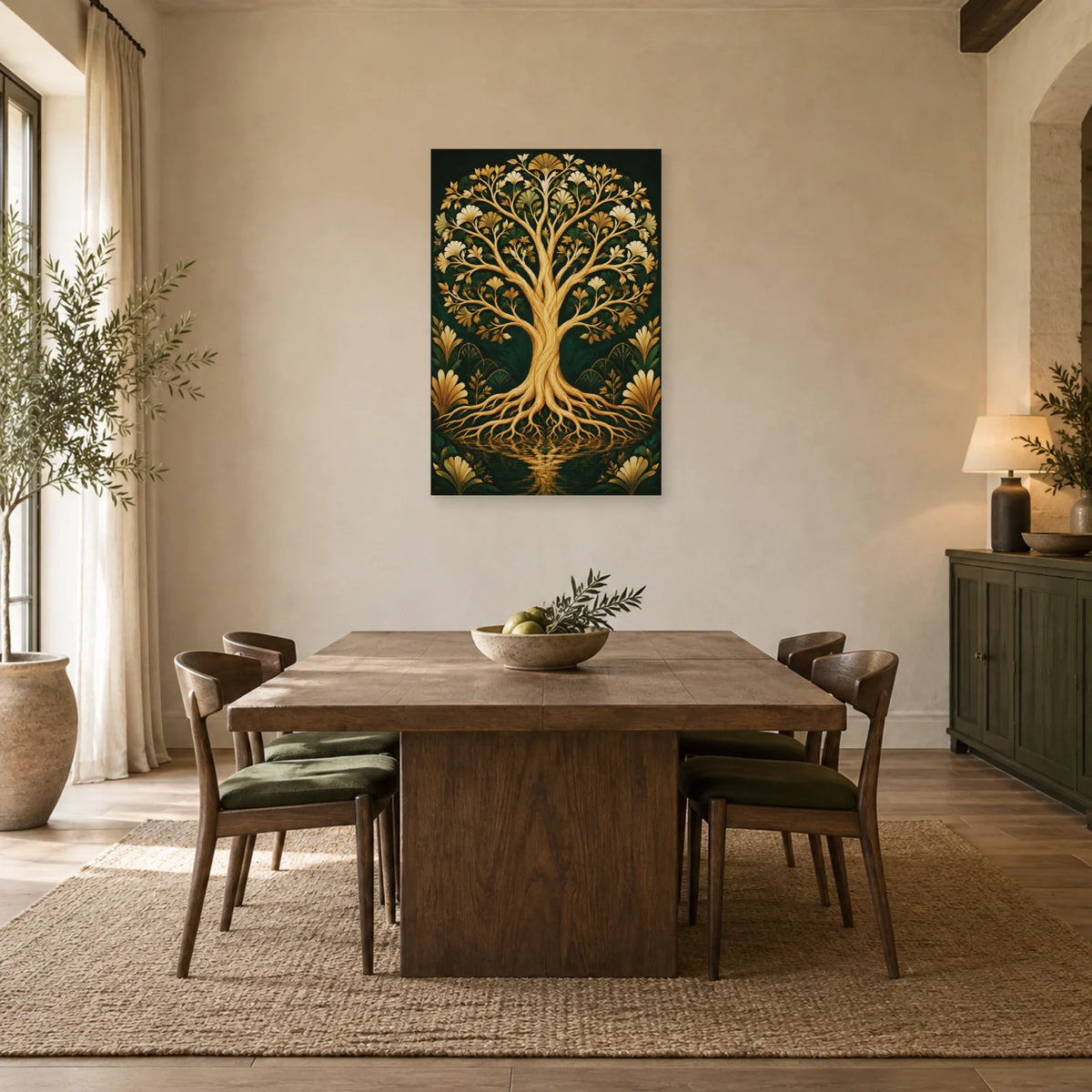 Affiche Arbre de vie – Or émeraude dans une salle à manger - Art Virtuoso