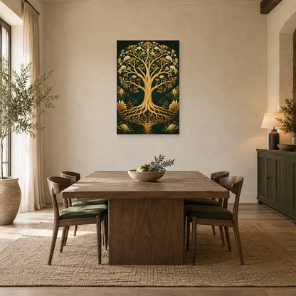 Affiche Arbre de vie – Or émeraude dans une salle à manger - Art Virtuoso
