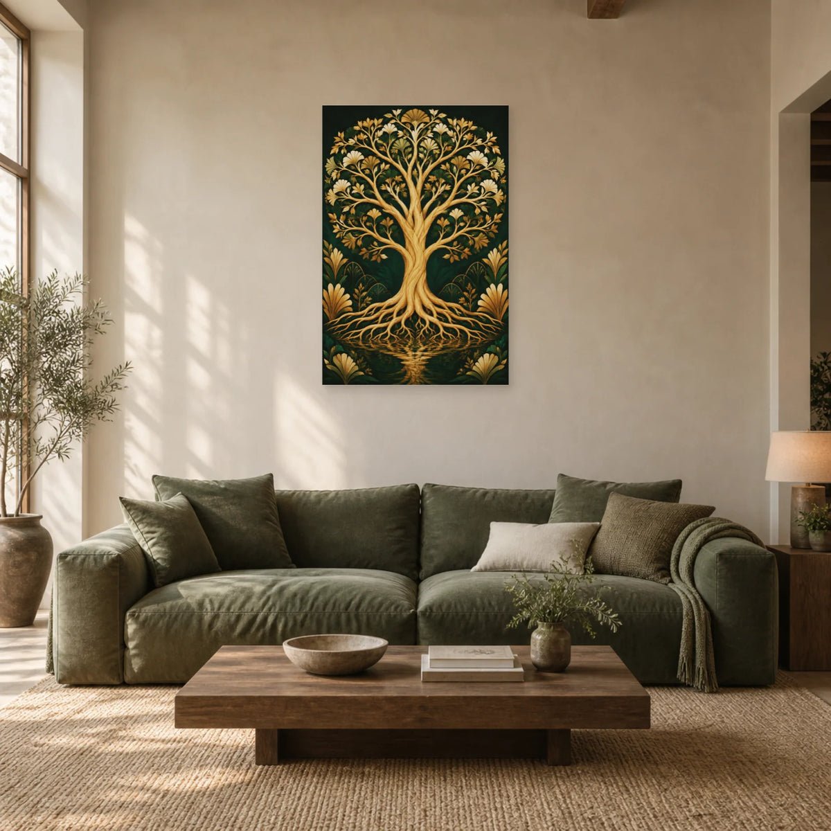 Affiche Arbre de vie – Or émeraude dans un salon - Art Virtuoso
