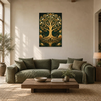 Affiche Arbre de vie – Or émeraude dans un salon - Art Virtuoso