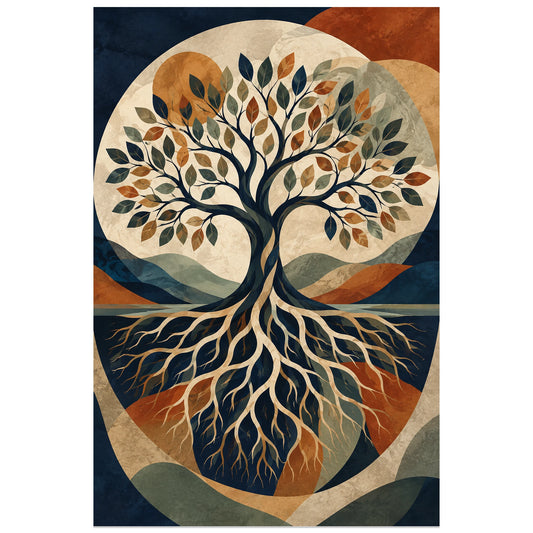 Affiche Arbre de vie – Équilibre des racines, collage moderniste / géométrie verticale, format 30 × 45 cm