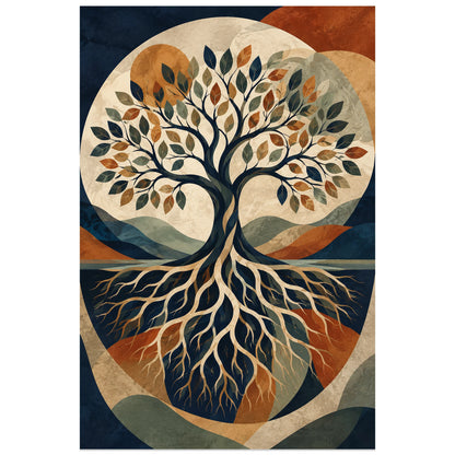Affiche Arbre de vie – Équilibre des racines, collage moderniste / géométrie verticale, format 60 × 90 cm