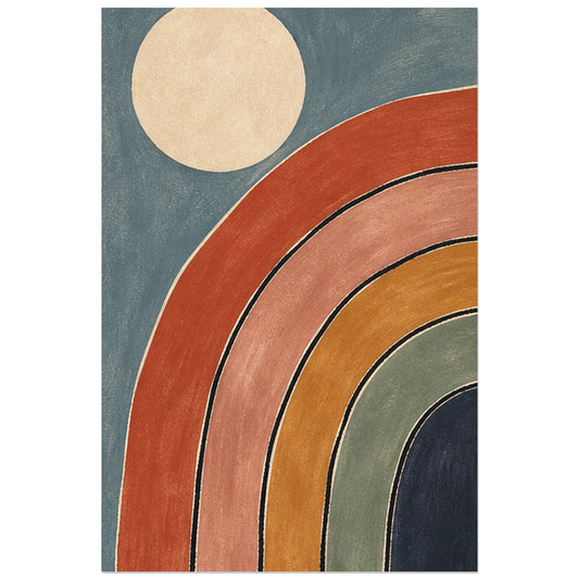 Arc de bandes terracotta sur fond bleu, affiche 30 × 45 cm