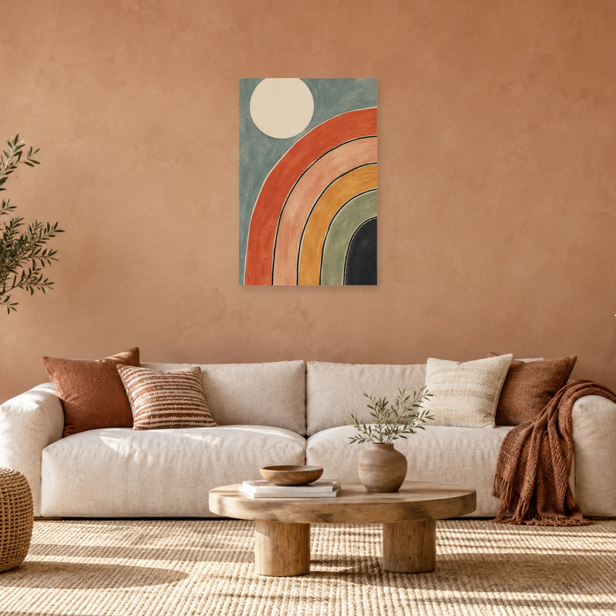 Affiche Arc-en-ciel terracotta bohème dans un salon - Art Virtuoso