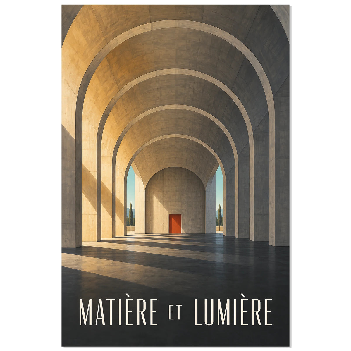 Affiche architecture béton – Matière et lumière, illustration architecturale / rendu gouache / création numérique verticale, format 30 × 45 cm