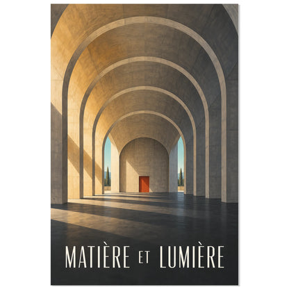 Affiche architecture béton – Matière et lumière, illustration architecturale / rendu gouache / création numérique verticale, format 60 × 90 cm